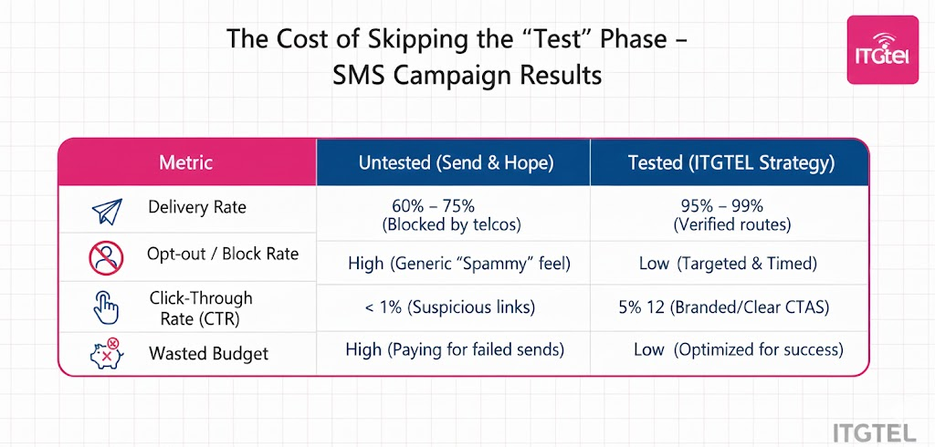 Common Mistakes Businesses Make When Running SMS or Voice Blast Campaigns: The AI-Driven Perspective 1 A comparative chart illustrating the metrics of untapped versus tested SMS campaign results for ITGTEL, highlighting delivery rates, opt-out rates, click-through rates, and wasted budget.