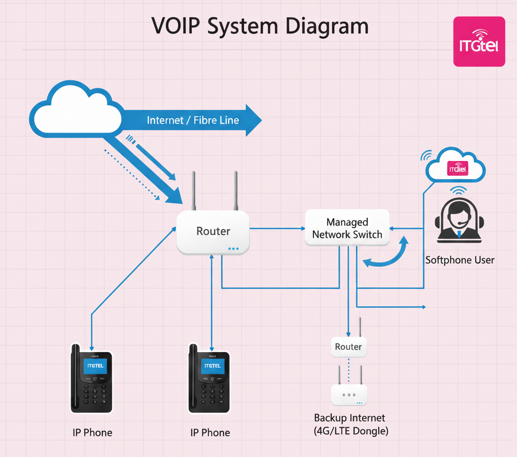 VOIP Service Pricing in Malaysia: What Businesses Actually Pay (Hidden Costs Explained) 1 A diagram illustrating a VOIP system setup, showing the connection between the internet, router, managed network switch, IP phones, and softphone users.